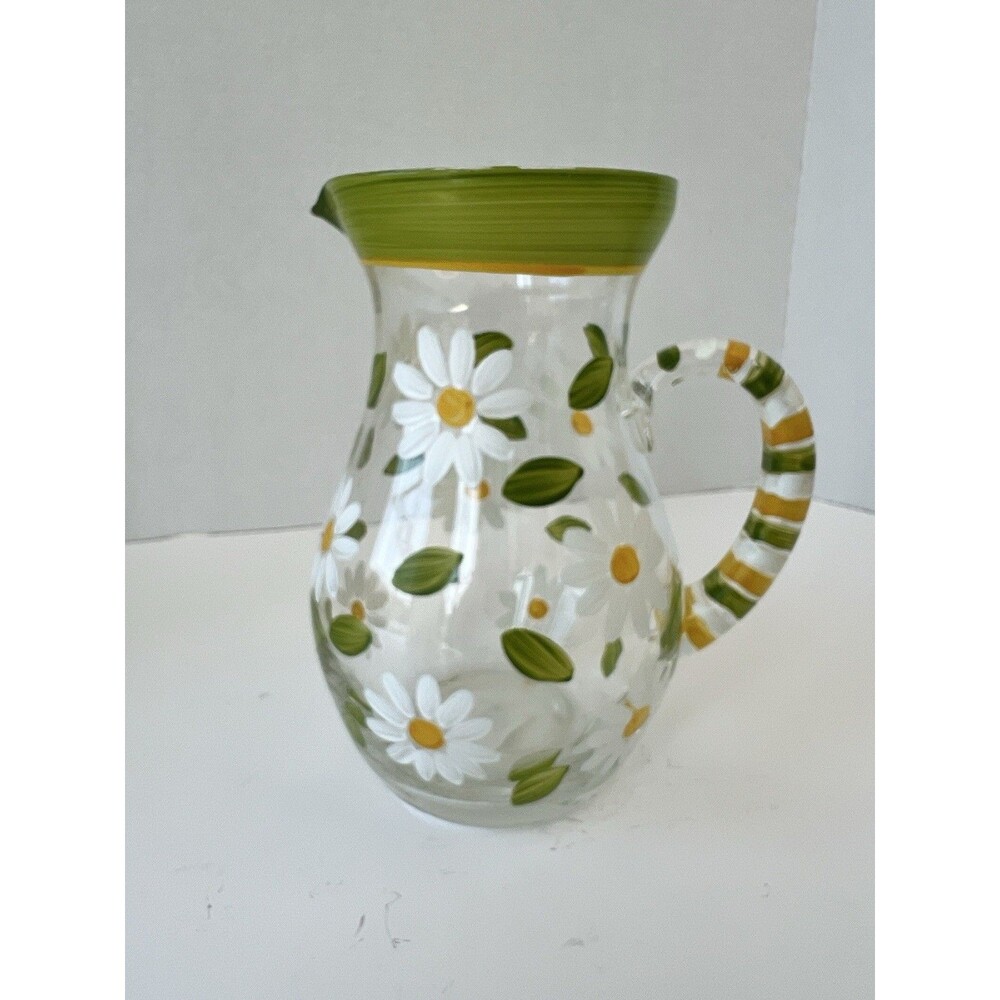 Hand Painted Glass Pitcher White daisies Green Stripes Leaves 8.5" tall